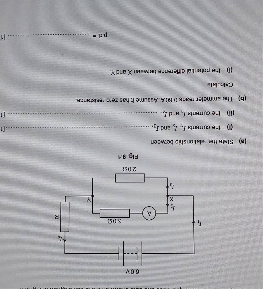 State the relationship between
(i) the currents I_1,I_2 and I_3, _[1
(ii) the currents I_1 and I_4. _[1
(b) The ammeter reads 0.80 A. Assume it has zero resistance.
Calculate
(i) the potential difference between X and Y,
p.d.=
_[1