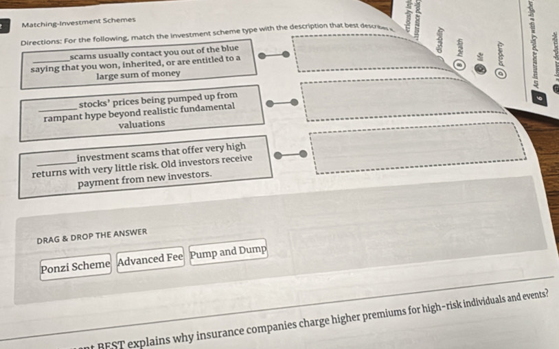 Matching-Investment Schemes 
Directions: For the following, match the investment scheme type with the description that best descre T 
scams usually contact you out of the blue 
saying that you won, inherited, or are entitled to a 
large sum of money 
stocks’ prices being pumped up from 
_rampant hype beyond realistic fundamental 
valuations 
investment scams that offer very high 
returns with very little risk. Old investors receive 
payment from new investors. 
DRAG & DROP THE ANSWER 
Ponzi Scheme Advanced Fee Pump and Dump 
ot BEST explains why insurance companies charge higher premiums for high-risk individuals and events?