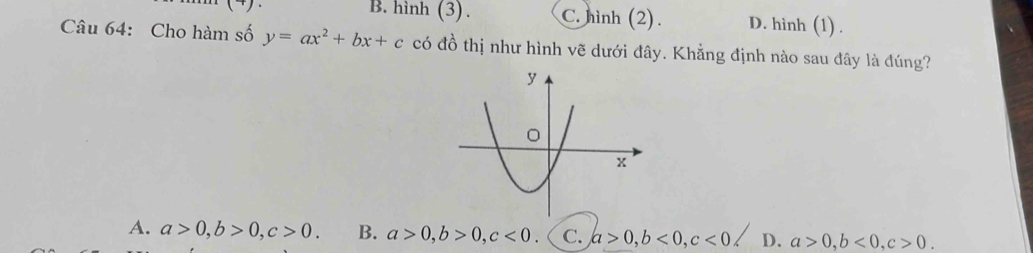 B. hình (3). C. hình (2). D. hình (1) .
Câu 64: Cho hàm số y=ax^2+bx+c có đồ thị như hình vẽ dưới đây. Khẳng định nào sau đây là đúng?
A. a>0, b>0, c>0. B. a>0, b>0, c<0</tex>. C. a>0, b<0</tex>, c<0</tex> D. a>0, b<0</tex>, c>0.