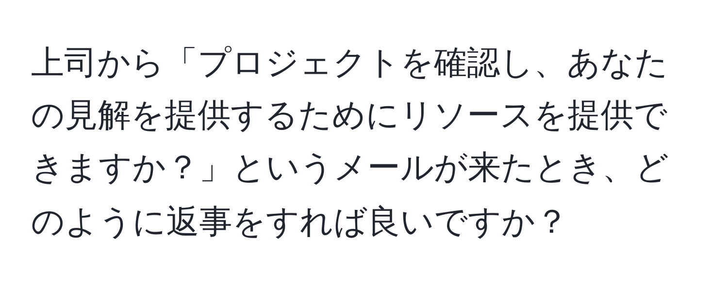 上司から「プロジェクトを確認し、あなたの見解を提供するためにリソースを提供できますか？」というメールが来たとき、どのように返事をすれば良いですか？