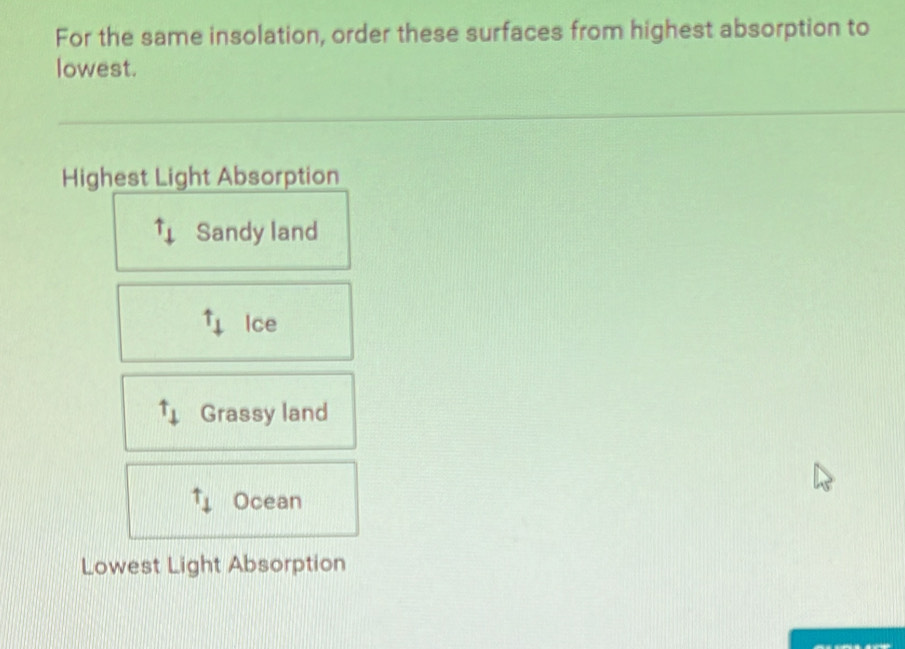 For the same insolation, order these surfaces from highest absorption to
lowest.
Highest Light Absorption^(uparrow)downarrow Sandy land
uparrow _t_4 Ice
t_downarrow _downarrow  Grassy land
t_downarrow  Ocean
Lowest Light Absorption