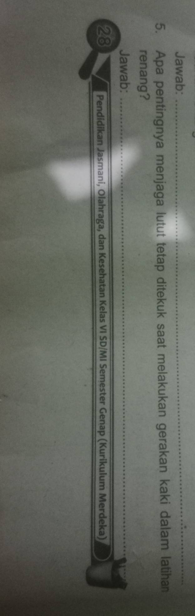 Jawab:_ 
5. Apa pentingnya menjaga lutut tetap ditekuk saat melakukan gerakan kaki dalam latihan 
renang? 
Jawab:_ 
28 
Pendidikan Jasmani, Olahraga, dan Kesehatan Kelas VI SD/MI Semester Genap (Kurikulum Merdeka)