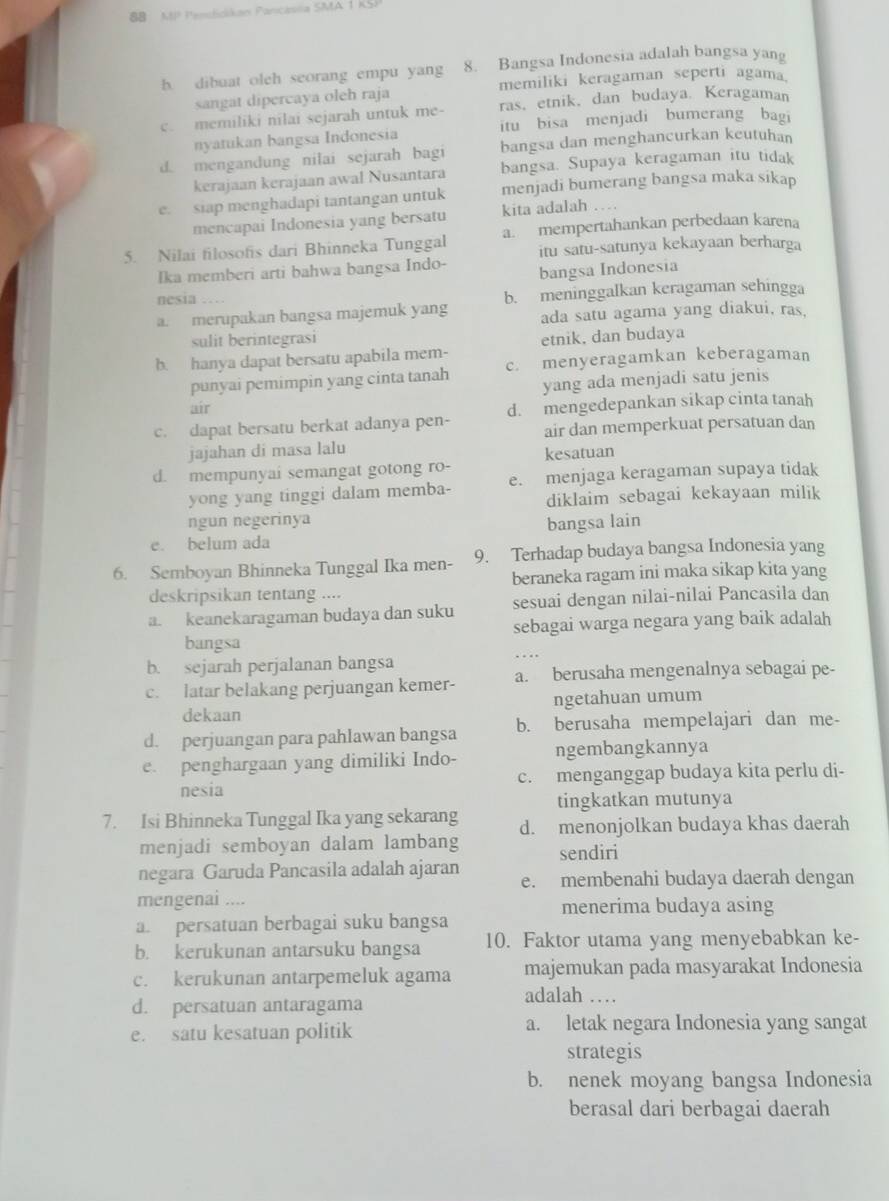 Panck an Pancásiia SMA  1 K SP
h dibuat olch seorang empu yang 8. Bangsa Indonesia adalah bangsa yang
sangat dipercaya oleh raja memiliki keragaman seperti agam
c. memiliki nilai sejarah untuk me- ras, etnik, dan budaya. Keragaman
nyatukan bangsa Indonesia itu bisa menjadi bumerang bagi
d. mengandung nilai sejarah bagi bangsa dan menghancurkan keutuhan
kerajaan kerajaan awal Nusantara bangsa. Supaya keragaman itu tidak
e. siap menghadapi tantangan untuk menjadi bumerang bangsa maka sikap
mencapai Indonesia yang bersatu kita adalah …
5. Nilai filosofis dari Bhinneka Tunggal a. mempertahankan perbedaan karena
itu satu-satunya kekayaan berharga
Ika memberi arti bahwa bangsa Indo- bangsa Indonesia
nesia …
a. merupakan bangsa majemuk yang b. meninggalkan keragaman sehingga
ada satu agama yang diakui, ras,
sulit berintegrasi etnik, dan budaya
b. hanya dapat bersatu apabila mem-
punyai pemimpin yang cinta tanah c. menyeragamkan keberagaman
yang ada menjadi satu jenis
air
c. dapat bersatu berkat adanya pen- d. mengedepankan sikap cinta tanah
air dan memperkuat persatuan dan
jajahan di masa lalu
d. mempunyai semangat gotong ro- kesatuan
yong yang tinggi dalam memba- e. menjaga keragaman supaya tidak
diklaim sebagai kekayaan milik
ngun negerinya
e. belum ada bangsa lain
9. Terhadap budaya bangsa Indonesia yang
6. Semboyan Bhinneka Tunggal Ika men- beraneka ragam ini maka sikap kita yang
deskripsikan tentang ....
a. keanekaragaman budaya dan suku sesuai dengan nilai-nilai Pancasila dan
bangsa sebagai warga negara yang baik adalah
b. sejarah perjalanan bangsa
c. latar belakang perjuangan kemer- a. berusaha mengenalnya sebagai pe-
dekaan ngetahuan umum
d. perjuangan para pahlawan bangsa b. berusaha mempelajari dan me-
e. penghargaan yang dimiliki Indo- ngembangkannya
nesia c. menganggap budaya kita perlu di-
tingkatkan mutunya
7. Isi Bhinneka Tunggal Ika yang sekarang d. menonjolkan budaya khas daerah
menjadi semboyan dalam lambang sendiri
negara Garuda Pancasila adalah ajaran e. membenahi budaya daerah dengan
mengenai .... menerima budaya asing
a. persatuan berbagai suku bangsa
b. kerukunan antarsuku bangsa 10. Faktor utama yang menyebabkan ke-
c. kerukunan antarpemeluk agama majemukan pada masyarakat Indonesia
adalah …
d. persatuan antaragama
e. satu kesatuan politik a. letak negara Indonesia yang sangat
strategis
b. nenek moyang bangsa Indonesia
berasal dari berbagai daerah