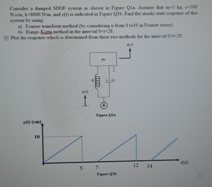 Consider a damped SDOF system as shown in Figure Q1a. Assume that m=5kg,c=300
N.s m, k=8000 N/m, and y(t) is indicated in Figure Q1b. Find the steady-state response of this
system by using:
a) Fourier transform method (by considering n from 0 to10 in Fourier series)
b) Runge-Kutta method in the interval 0
+ Plot the response which is determined from these two methods for the interval 0