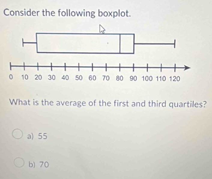 Consider the following boxplot.
What is the average of the first and third quartiles?
a) 55
b) 70