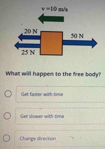 v=10m/s
20 N
50 N
25 N
What will happen to the free body?
Get faster with time
Get slower with time
Change direction