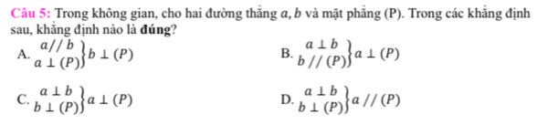 Trong không gian, cho hai đường thắng a, b và mặt phẳng (P). Trong các khẳng định
sau, khắng định nào là đúng?
A. .beginarrayr a//b a⊥ (P)endarray b⊥ (P) .beginarrayr a⊥ b b//(P)endarray a⊥ (P)
B.
C. .beginarrayr a⊥ b b⊥ (P)endarray a⊥ (P) .beginarrayr a⊥ b b⊥ (P)endarray a//(P)
D.