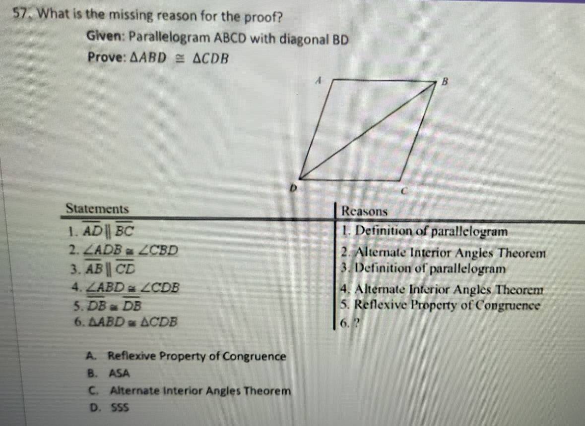 What is the missing reason for the proof? Given: Parallelogram ABCD ...