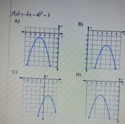 f(x)=-(x-4)^2-3
A)
B

x

C)
D)
y
x