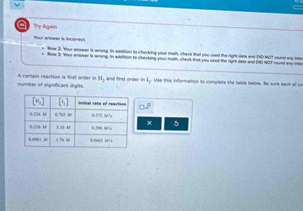 a Try Again
Your answer is incorrect.
Row 2: Your answer is wrong. In addition to checking your math, check that you used the right data and DID NOT round any inter
Row 3: Your answer is wrong. In addition to checking your math, check that you used the right data and DID NOT round any inter
A certain reaction is first order in H_2 and first order in l_2. Use this information to complete the table below. Be sure each of yo
number of significant digits.
□ .sqrt()^□ 
×