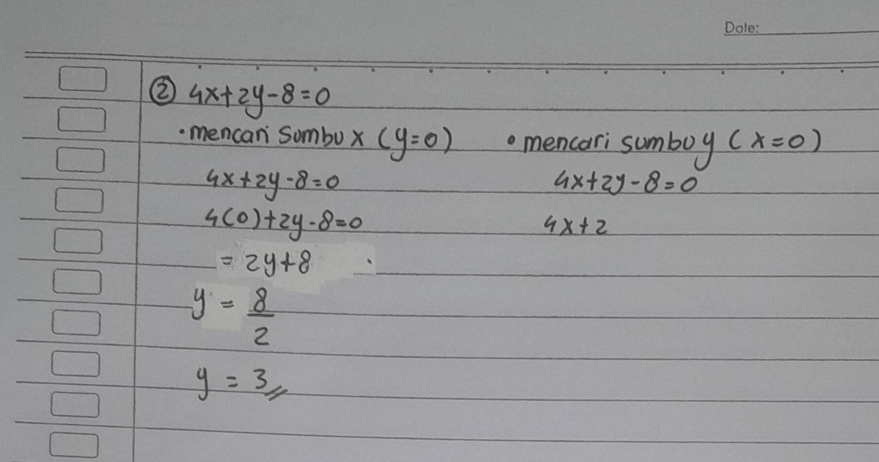 ② 4x+2y-8=0
mencan Sumbu x (y=0)
o mencari sumbo y(x=0)
4x+2y-8=0
4x+2y-8=0
4(0)+2y-8=0
4x+2
=2y+8
y= 8/2 
y=3