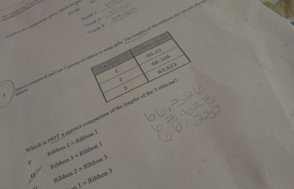 Mr. Agdon bs 2 a0
47.06
Truck 1
ased on the comparisons given, which decip_
Truck 2 -
ck 3 
net measured and cut 3 pieces ofof the ribbons she cut are sh
2 below.
hich is NOT a correct comparison of the len
Ribbon 2>Ri bbon 1
F
Ribbon 3 íbbon I
T Ribbon 2> Rībbon 3
G
1= Ribbon 3
n