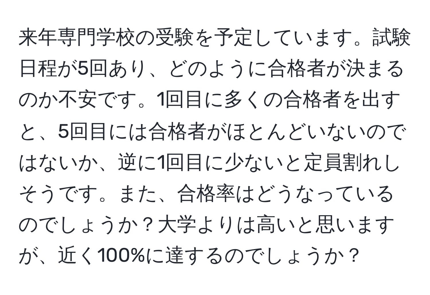 来年専門学校の受験を予定しています。試験日程が5回あり、どのように合格者が決まるのか不安です。1回目に多くの合格者を出すと、5回目には合格者がほとんどいないのではないか、逆に1回目に少ないと定員割れしそうです。また、合格率はどうなっているのでしょうか？大学よりは高いと思いますが、近く100%に達するのでしょうか？