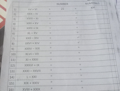 NUMBER NUMERALS
16) XVIII+XXIX = =