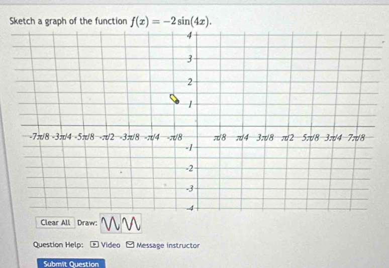 Sketch a graph of the function f(x)=-2sin (4x)..
Clear All Draw: V
Question Help: Video Message instructor
Submit Question