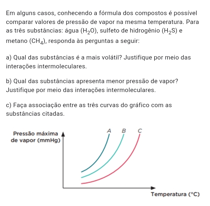 Em alguns casos, conhecendo a fórmula dos compostos é possível 
comparar valores de pressão de vapor na mesma temperatura. Para 
as três substâncias: água (H_2O) , sulfeto de hidrogênio (H_2S) e 
metano (CH_4) , responda às perguntas a seguir: 
a) Qual das substâncias é a mais volátil? Justifique por meio das 
interações intermoleculares. 
b) Qual das substâncias apresenta menor pressão de vapor? 
Justifique por meio das interações intermoleculares. 
c) Faça associação entre as três curvas do gráfico com as 
substâncias citadas. 
Pressão máxima 
A B C 
de vapor (mmHg) 
Temperatura (^circ C)