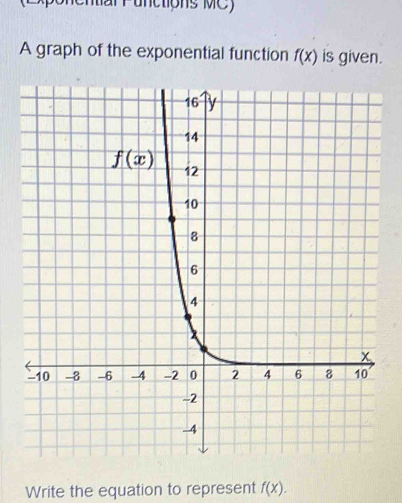 ential Functions MC)
A graph of the exponential function f(x) is given.
Write the equation to represent f(x).