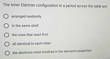 The Inner Electron configuration in a period across the table are:
arranged randomly
in the same shell
the ones that react first
all identical to each other
the electrons most involved in the elements properties