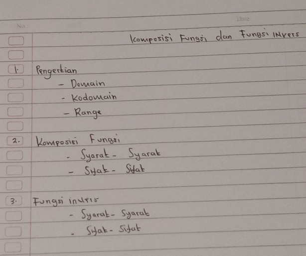 Komposisi Fungs dan Fungs lnvers 
1 Pengertian 
- Domain 
- Kodomain 
- Range 
2. Komposisi Fungi 
.Syaral- Syaral 
- SHat. Sifat 
3. Fungsi inue1s 
- Syarat-Syaral 
Sifat - Sifal