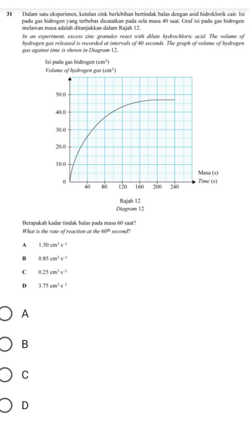 Dalam satu eksperimen, ketulan zink berlebihan bertindak balas dengan asid hidroklorik cair. Isi
padu gas hidrogen yang terbebas dicatatkan pada sela masa 40 saat. Graf isi padu gas hidrogen
melawan masa adalah ditunjukkan dalam Rajah 12.
In an experiment, excess zinc granules react with dilute hydrochloric acid. The volume of
hydrogen gas released is recorded at intervals of 40 seconds. The graph of volume of hydrogen
gas against time is shown in Diagram 12.
Berapakah kadar tindak balas pada masa 60 saat?
What is the rate of reaction at the 60^(th) second?
A 1.50cm^3s^(-1)
B 0.85cm^3s^(-1)
C 0.25cm^3s^(-1)
D 3.75cm^3s^(-1)
A
B
C
D