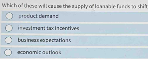 Which of these will cause the supply of loanable funds to shift
product demand
investment tax incentives
business expectations
economic outlook