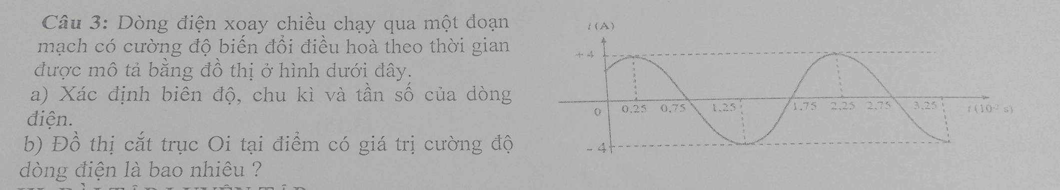 Dòng điện xoay chiều chạy qua một đoạn 
mạch có cường độ biến đổi điều hoà theo thời gian
được mô tả bằng đồ thị ở hình dưới đây.
a) Xác định biên độ, chu kì và tần số của dòng
điện.
b) Đồ thị cắt trục Oi tại điểm có giá trị cường độ 
dòng điện là bao nhiêu ?