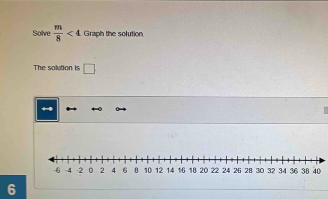 Solve  m/8 <4</tex> Graph the solution. 
The solution is □ . 
← 
6