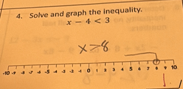 Solve and graph the inequality.
x-4<3</tex>
-10