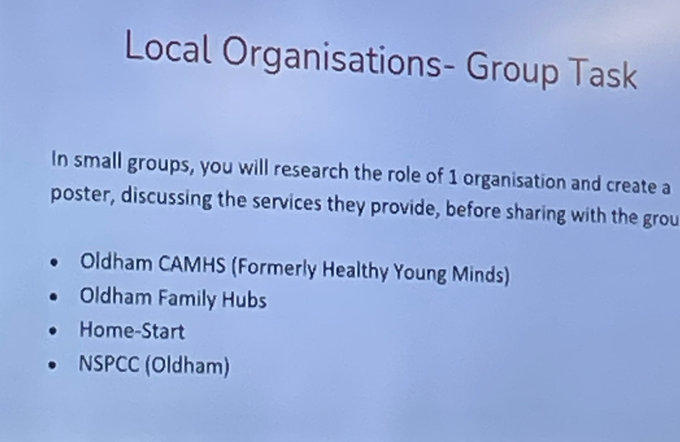 Local Organisations- Group Task 
In small groups, you will research the role of 1 organisation and create a 
poster, discussing the services they provide, before sharing with the grou 
Oldham CAMHS (Formerly Healthy Young Minds) 
Oldham Family Hubs 
Home-Start 
NSPCC (Oldham)