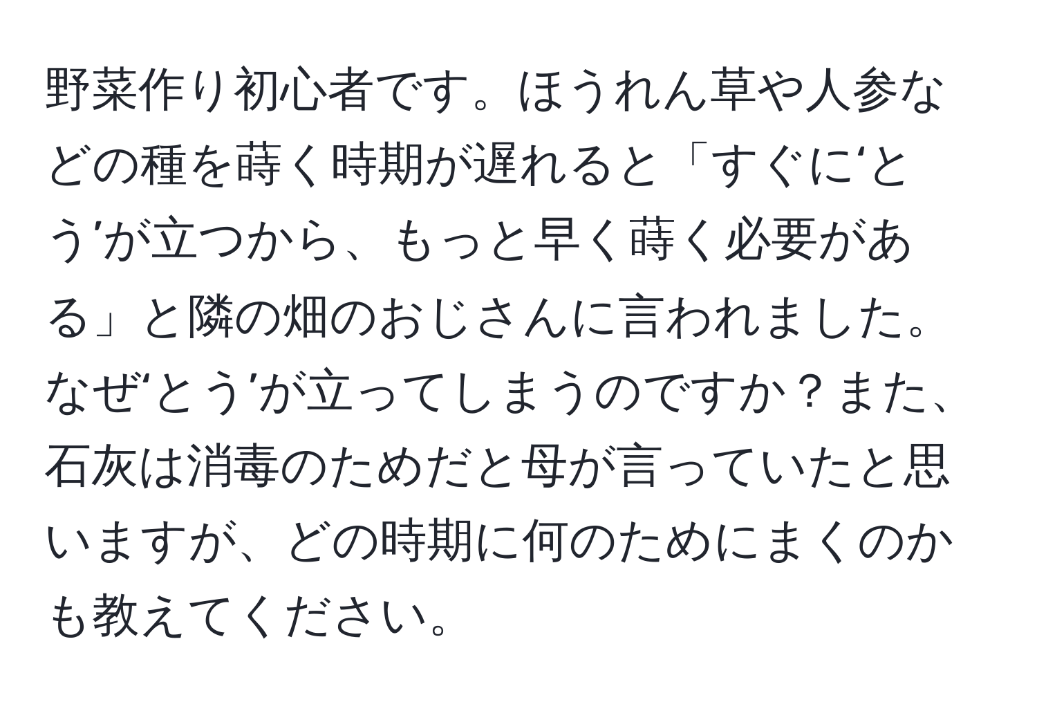 野菜作り初心者です。ほうれん草や人参などの種を蒔く時期が遅れると「すぐに‘とう’が立つから、もっと早く蒔く必要がある」と隣の畑のおじさんに言われました。なぜ‘とう’が立ってしまうのですか？また、石灰は消毒のためだと母が言っていたと思いますが、どの時期に何のためにまくのかも教えてください。