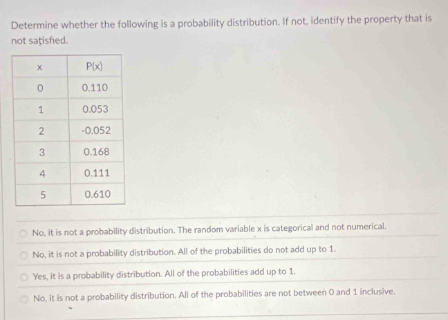 Determine whether the following is a probability distribution. If not, identify the property that is
not saçisfed.
No, it is not a probability distribution. The random variable x is categorical and not numerical.
No, it is not a probability distribution. All of the probabilities do not add up to 1.
Yes, it is a probability distribution. All of the probabilities add up to 1.
No, it is not a probability distribution. All of the probabilities are not between 0 and 1 inclusive.