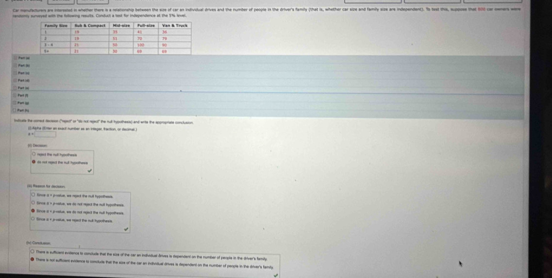 Car manufacturers are interested in whether there is a relationship between the size of car an individual drives and the number of people in the driver's family (that is, whether car size and family size are independent). To test this, suppose that 600 car owes w
randemly surveyed wilh the following results. Conduct a test for independence at the 5% level
Part ial
) Part (b)
] Parti6
Part (n)
Part (1)
Part (g)
C Part (N)
Indicate the correct decision ("reject" or "do not reject" the null hypothesis) and write the appropriate conclusion.
() Alpha (Enter an exact number as an integer, fraction, or decimal.)
a=□
(ii) Dectsson:
○ reject the null hypothesis
● do not neject the null hypothesis 
(ü) Reason for decision.
O fino 1° p-value, we reject the null hypothesis
O since t> pivatue, we do not reject the null hypothesis
● flince α < -value, we do not reject the null hypothesis
○ Sinoe α « p-vslue, we reject the nult hypothesis
lv) Condlusion:
There is sufficient evidence to conclude that the size of the car an individual drives is dependent on the number of people in the driver's family
● There is not sufficient evidence to conclude that the size of the car an individual drives is dependent on the number of people in the diriver's family