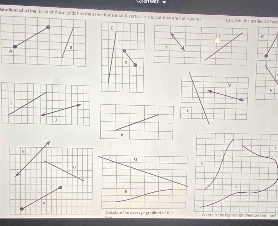 Open with 
Gradient of a Line: Each of these grids has the same horizontal & vertical scale, but they are not squarel Calculate the gradient of ea
F
G
E.
H
1
J
T
N
P
te the average gradient of this e?