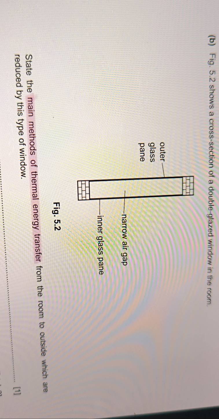 Fig. 5.2 shows a cross-section of a double-glazed window in the room. 
State the main methods of thermal energy transfer from the room to outside which are 
reduced by this type of window. 
_[1]