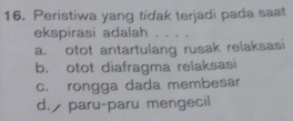 Peristiwa yang tidak terjadi pada saat
ekspirasi adalah . . . .
a. otot antartulang rusak relaksasi
b. otot diafragma relaksasi
c. rongga dada membesar
d. paru-paru mengecil