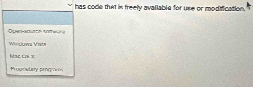 has code that is freely available for use or modification.
Open-source software
Windows Vista
Mac OS X
Proprietary programs