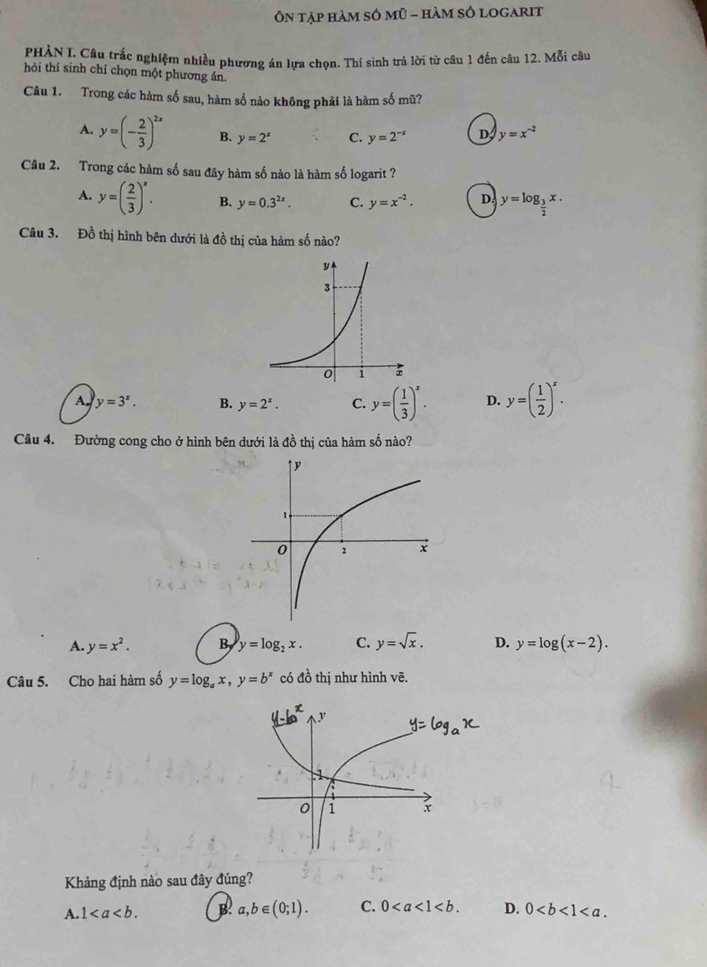 Ôn tập hàm sÓ mũ - hàm sÓ logArit
PHÀN I. Câu trắc nghiệm nhiều phương án lựa chọn. Thí sinh trả lời từ câu 1 đến câu 12. Mỗi câu
hỏi thí sinh chỉ chọn một phương án
Câu 1. Trong các hàm số sau, hàm số nào không phải là hàm số mũ?
A. y=(- 2/3 )^2x B. y=2^x C. y=2^(-x) D y=x^(-2)
Câu 2. Trong các hàm số sau đây hàm số nào là hàm số logarit ?
A. y=( 2/3 )^x. B. y=0.3^(2x). C. y=x^(-2). D. y=log _ 3/2 x. 
Câu 3. Đồ thị hình bên dưới là đồ thị của hàm số nào?
A y=3^x. B. y=2^x. C. y=( 1/3 )^x. D. y=( 1/2 )^x. 
Câu 4. Đường cong cho ở hình bên dưới là đồ thị của hàm số nào?
A. y=x^2. B y=log _2x. C. y=sqrt(x). D. y=log (x-2). 
Câu 5. Cho hai hàm số y=log _ax, y=b^x có đồ thị như hình vẽ.
Khảng định nào sau đây đúng?
A. 1. B a,b∈ (0;1). C. 0. D. 0.