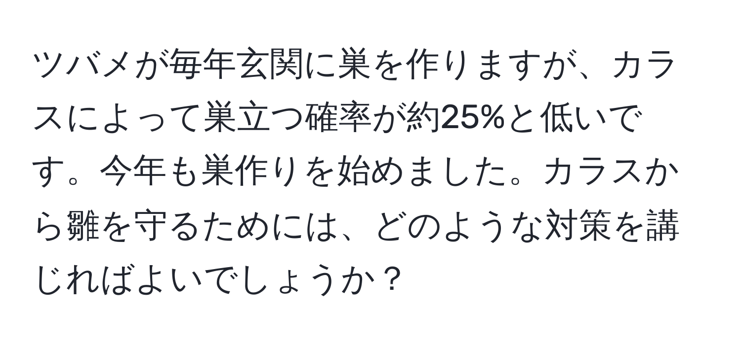 ツバメが毎年玄関に巣を作りますが、カラスによって巣立つ確率が約25%と低いです。今年も巣作りを始めました。カラスから雛を守るためには、どのような対策を講じればよいでしょうか？