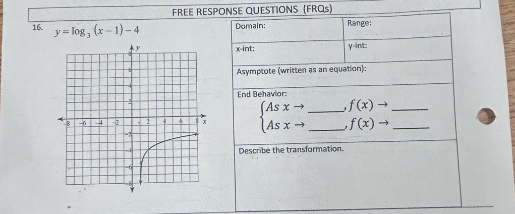 FREE RESPE QUESTIONS (FRQs)
16. y=log _3(x-1)-4