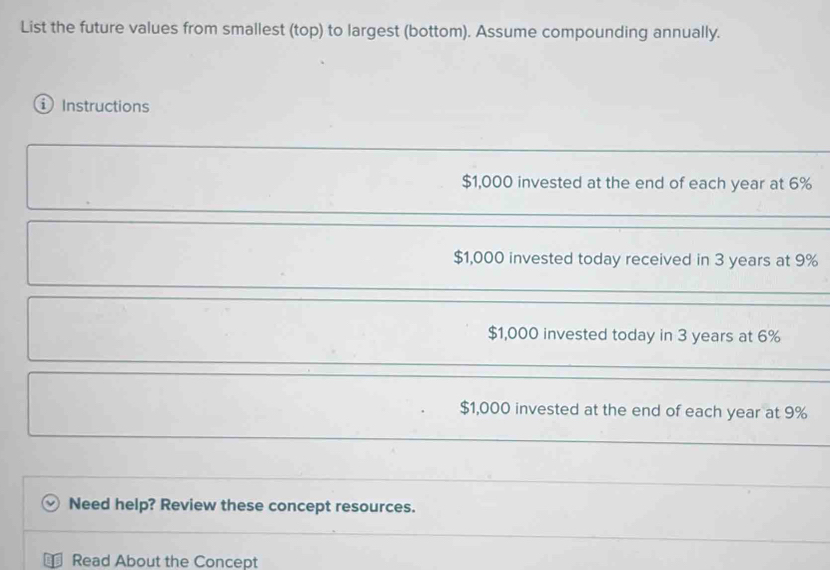 List the future values from smallest (top) to largest (bottom). Assume compounding annually.
① Instructions
$1,000 invested at the end of each year at 6%
$1,000 invested today received in 3 years at 9%
$1,000 invested today in 3 years at 6%
$1,000 invested at the end of each year at 9%
Need help? Review these concept resources.
Read About the Concept