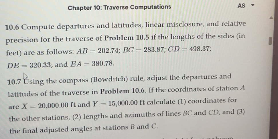 Solved: Chapter 10: Traverse Computations AS 10.6 Compute departures ...