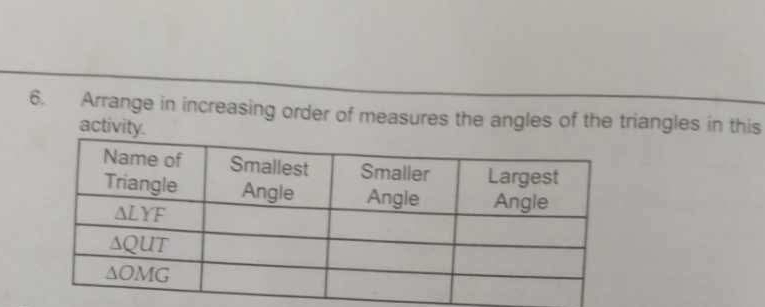 Arrange in increasing order of measures the angles of the triangles in this
activity.