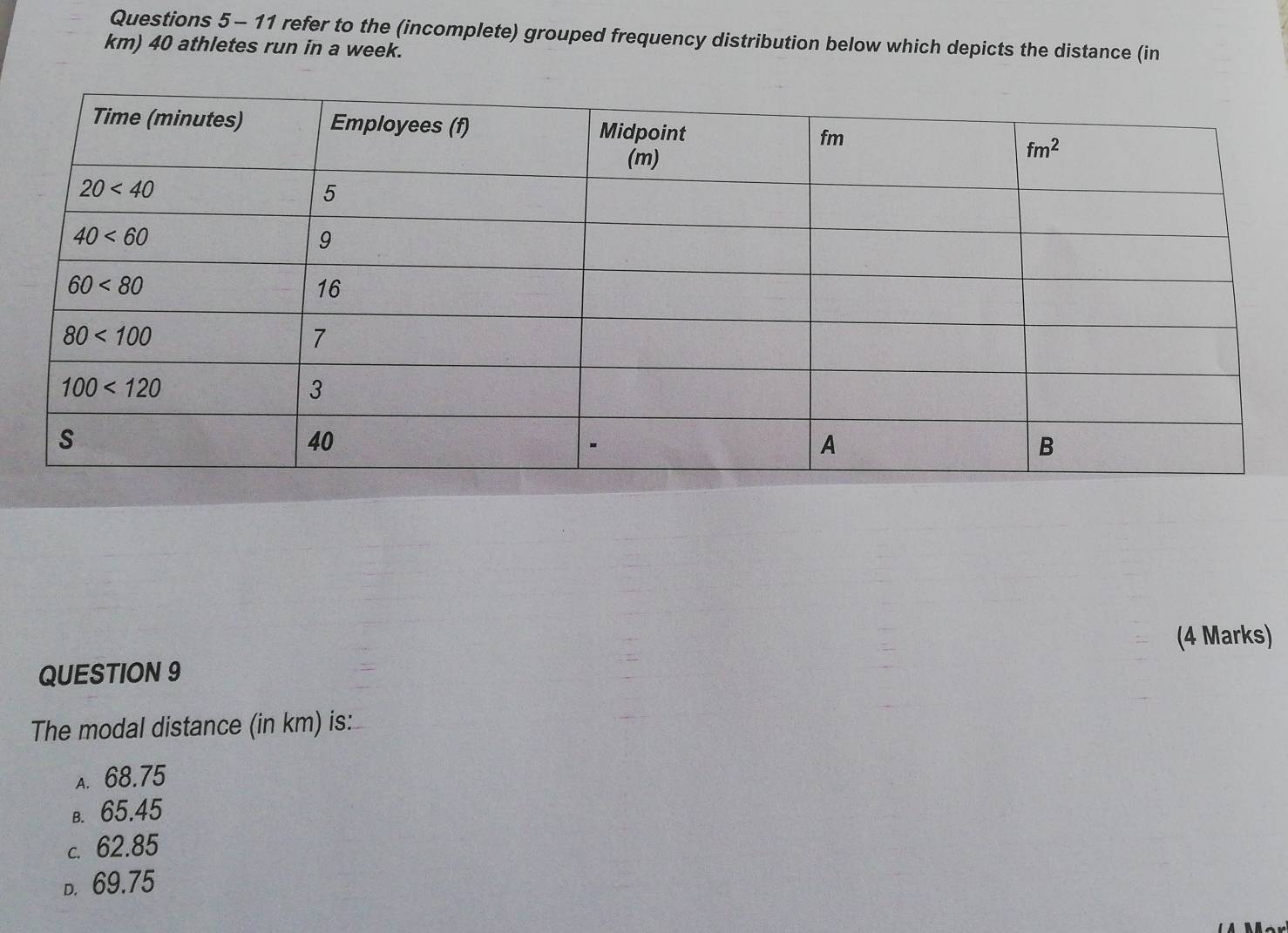 refer to the (incomplete) grouped frequency distribution below which depicts the distance (in
km) 40 athletes run in a week.
(4 Marks)
QUESTION 9
The modal distance (in km) is:
A. 68.75
в. 65.45
c. 62.85
D. 69.75