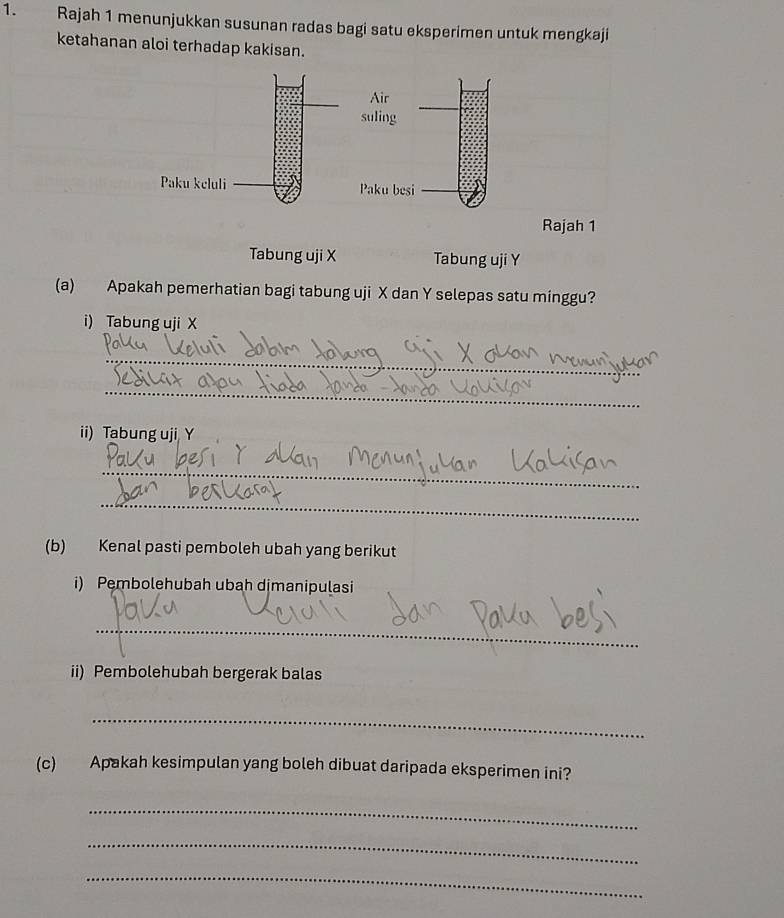 Rajah 1 menunjukkan susunan radas bagi satu eksperimen untuk mengkaji 
ketahanan aloi terhadap kakisan. 
Air 
suling 
Paku keluli Paku besi 
Rajah 1 
Tabung uji X Tabung uji Y
(a) Apakah pemerhatian bagi tabung uji X dan Y selepas satu minggu? 
i) Tabung uji X
_ 
_ 
ii) Tabung uji Y
_ 
_ 
(b) Kenal pasti pemboleh ubah yang berikut 
i) Pembolehubah ubah dimanipulasi 
_ 
ii) Pembolehubah bergerak balas 
_ 
(c) Apakah kesimpulan yang boleh dibuat daripada eksperimen ini? 
_ 
_ 
_