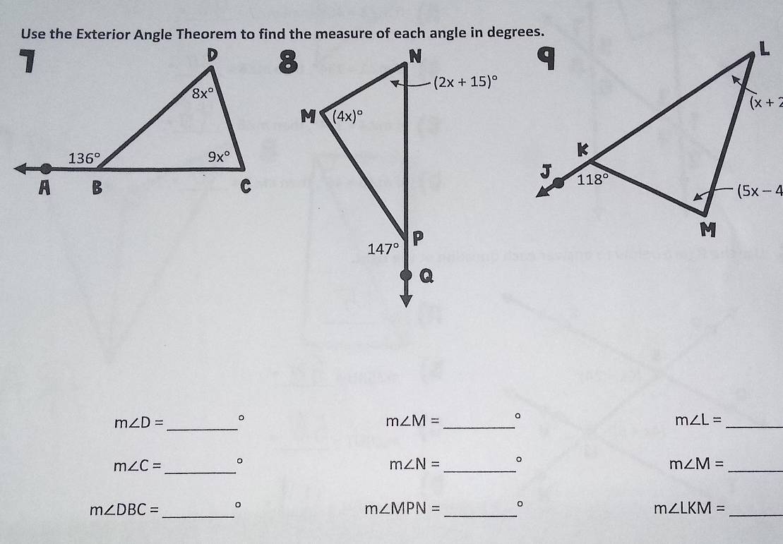 Solved: Use the Exterior Angle Theorem to find the measure of each ...