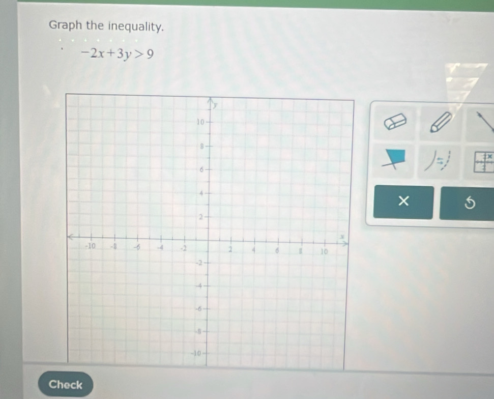 Graph the inequality.
-2x+3y>9
x
Check