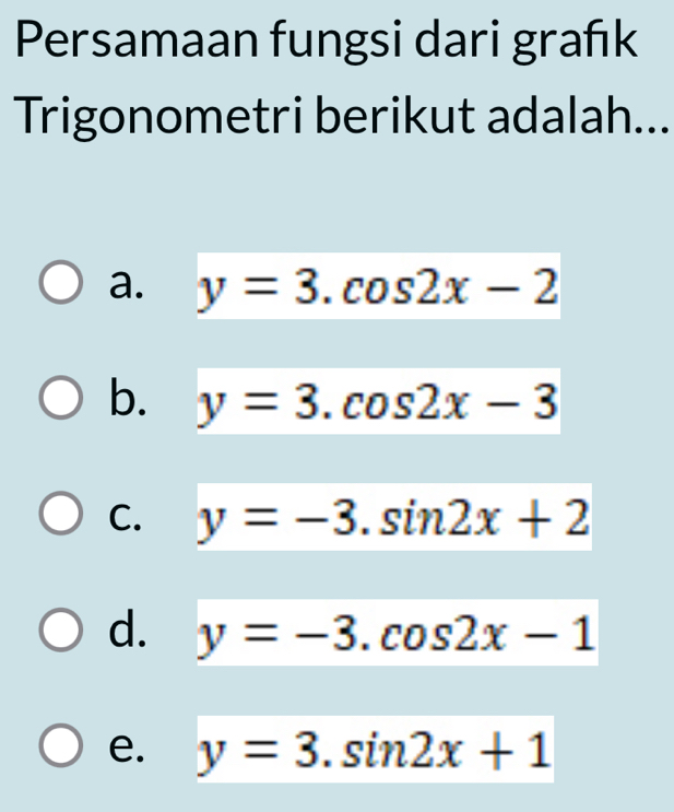 Persamaan fungsi dari grafık
Trigonometri berikut adalah...
a. y=3.cos 2x-2
b. y=3.cos 2x-3
C. y=-3.sin 2x+2
d. y=-3.cos 2x-1
e. y=3.sin 2x+1