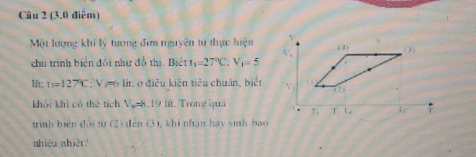 (3.0 điệm) 
Một lượng khi lý tướng đơn tguyên tử thực hiện 
chu trình biên đổi như đồ thị. Biết tị 27^1C:V_1=5
i=127°C; V =6 lit ở điễu kiên moverline □ overline □  u chuán, biét 
khỏi khí có thể tích Vụ =8.19 lít. Trong quả 
T | , I T 
trình biên đội từ (2) đến (3), khi nhận hay sinh bao 
nhiều nhiét