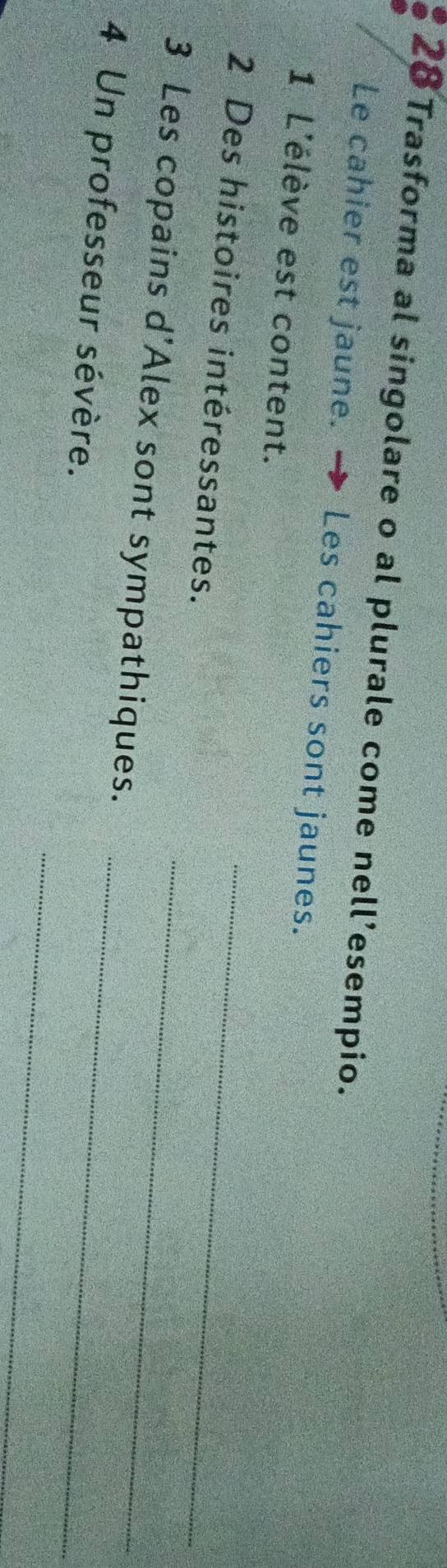 Trasforma al singolare o al plurale come nell’esempio. 
Le cahier est jaune. → Les cahiers sont jaunes. 
1 L'élève est content. 
2 Des histoires intéressantes._ 
3 Les copains d'Alex sont sympathiques._ 
_ 
4 Un professeur sévère._