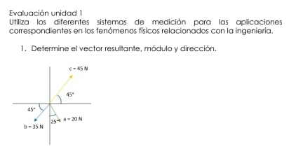 Evaluación unidad 1
Utiliza los diferentes sistemas de medición para las aplicaciones
correspondientes en los fenómenos físicos relacionados con la ingeniería.
1. Determine el vector resultante, módulo y dirección.
c=45N
45°
45°
25°4a=20N
b=35N